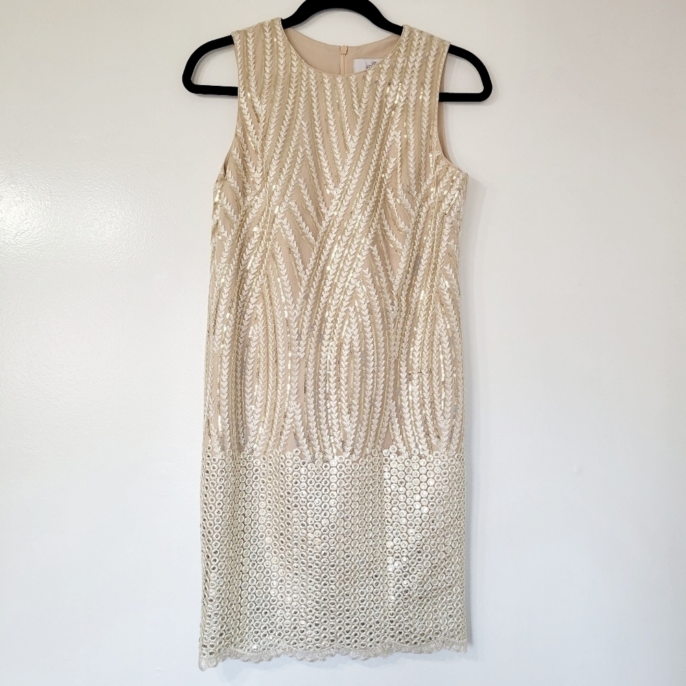 Belle Badgley Mischka Phoebe Gold Sequins Mini Dress Size 2 - Picture 2 of 12